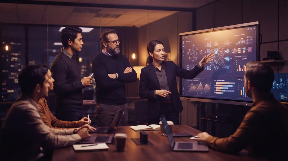 Illustration of a tech team discussing model pricing and API integration strategies.
