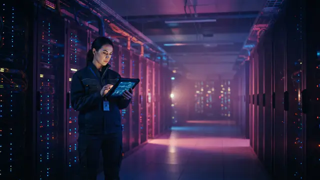 Illustration of an engineer inspecting server racks inside a large-scale data center facility.