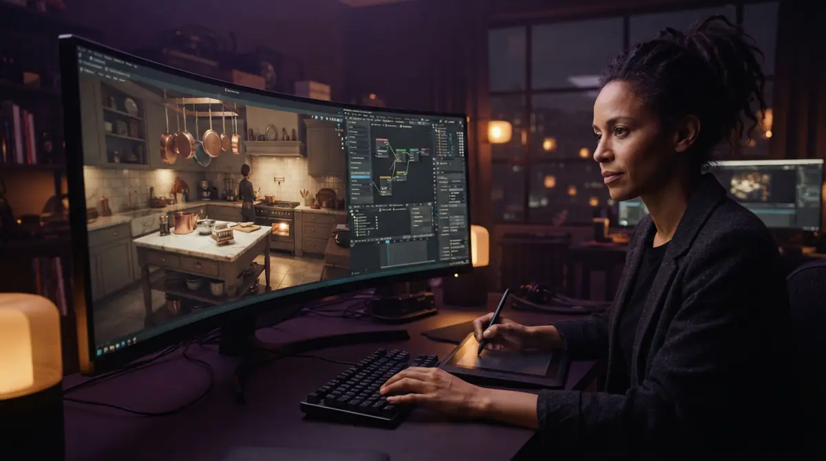 Illustration of interactive software generating a 3D kitchen game environment.