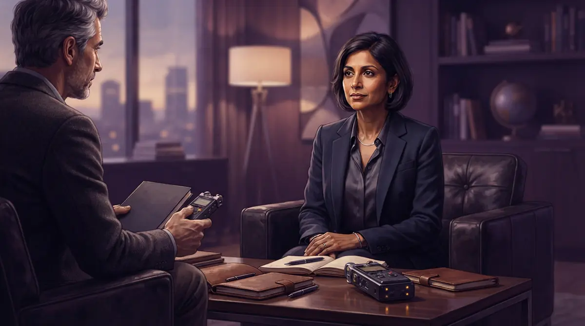 Illustration of a technology chief executive participating in an interview.