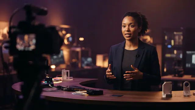 Illustration of an AI research scientist speaking during a video presentation.