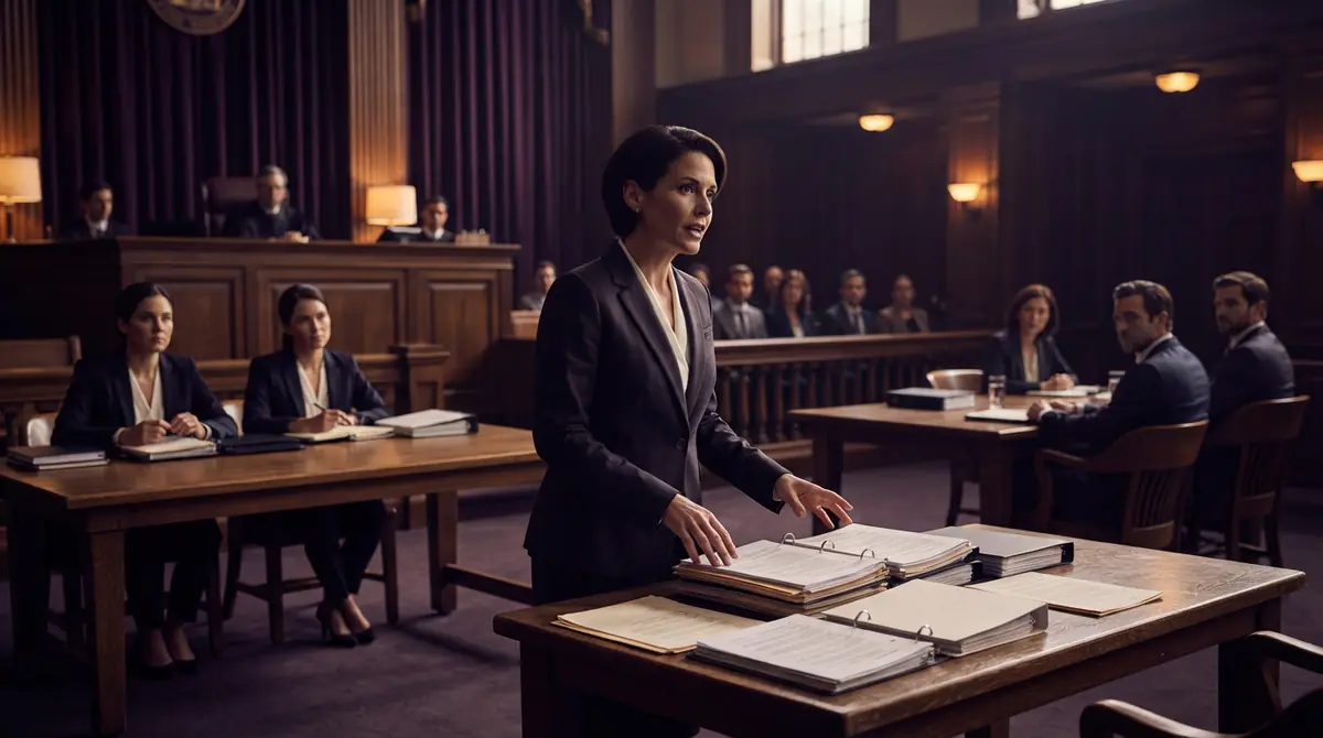 An attorney addressing a courtroom during a corporate consumer protection trial.