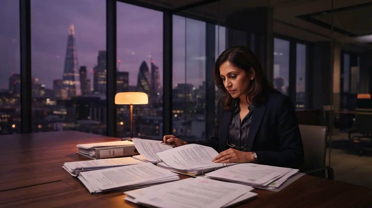 A corporate legal officer reviewing legal documents at a conference table.