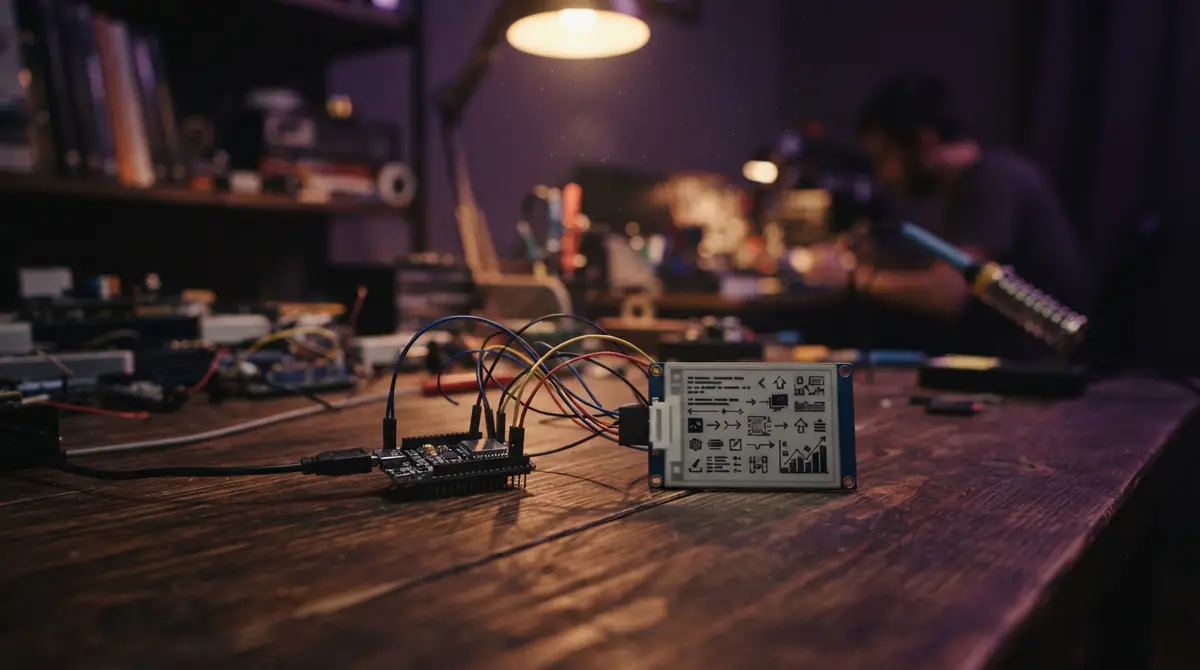 An e-ink screen attached to a small development board with colorful jumper wires.