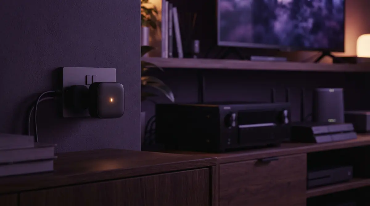 A compact USB dongle with a glowing LED indicator resting near home network electronics.