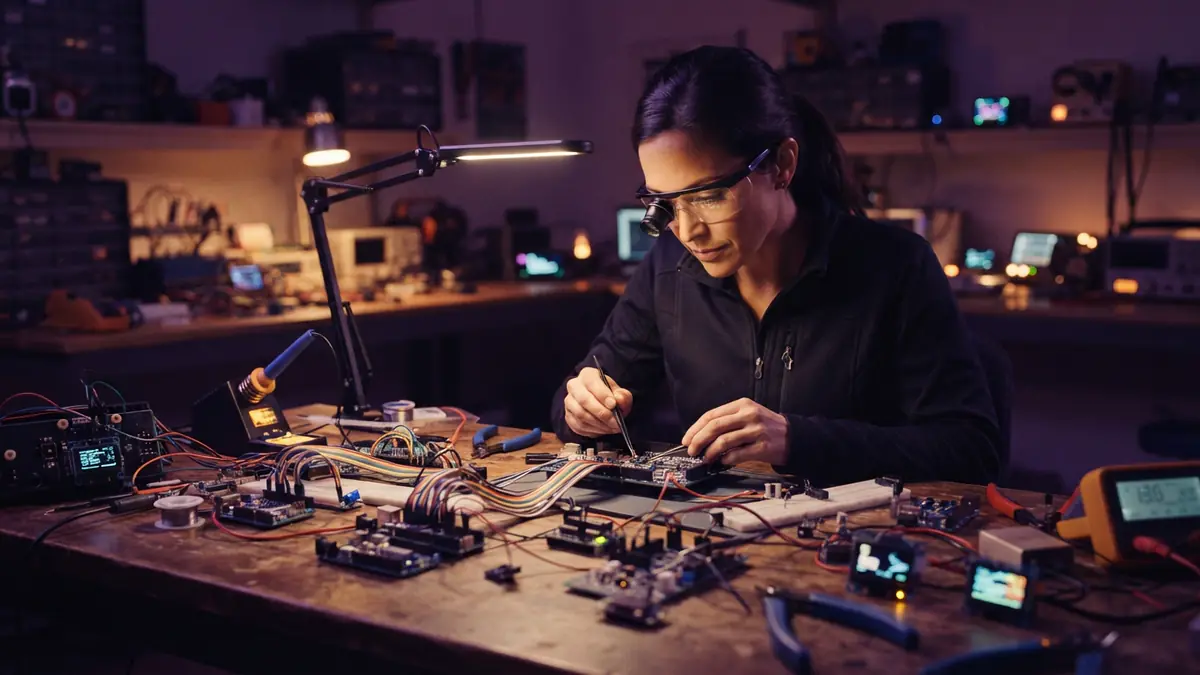 A maker workbench with microcontroller boards, electronic components, and small displays.