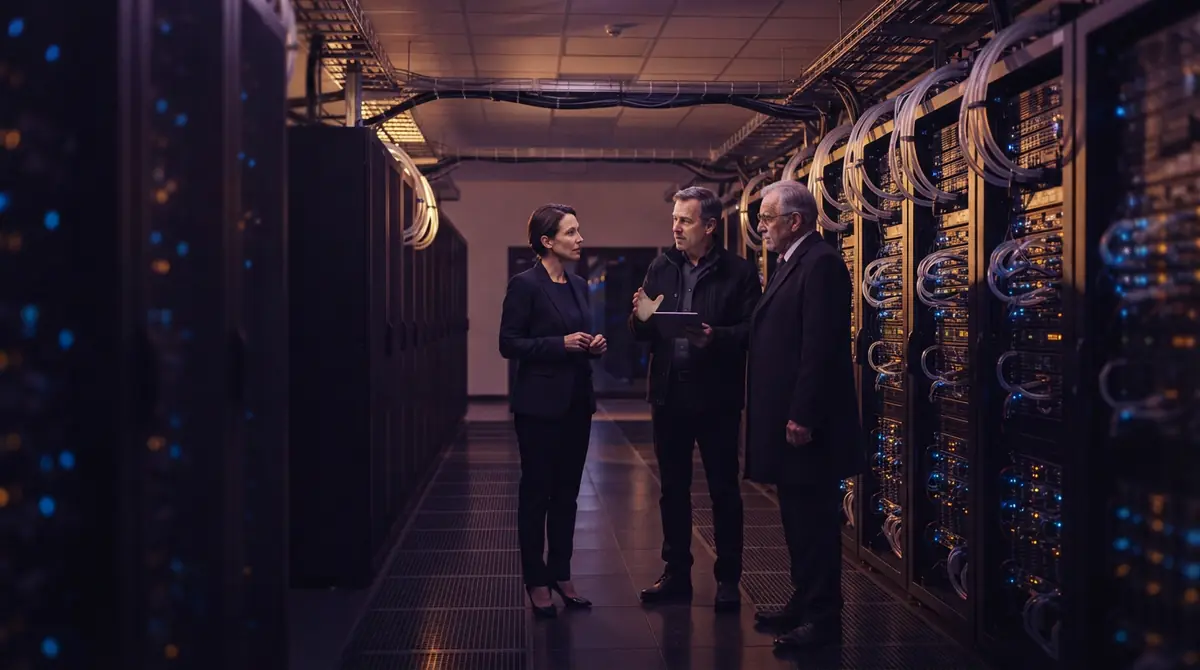 Rows of high-density server racks inside an advanced supercomputer center