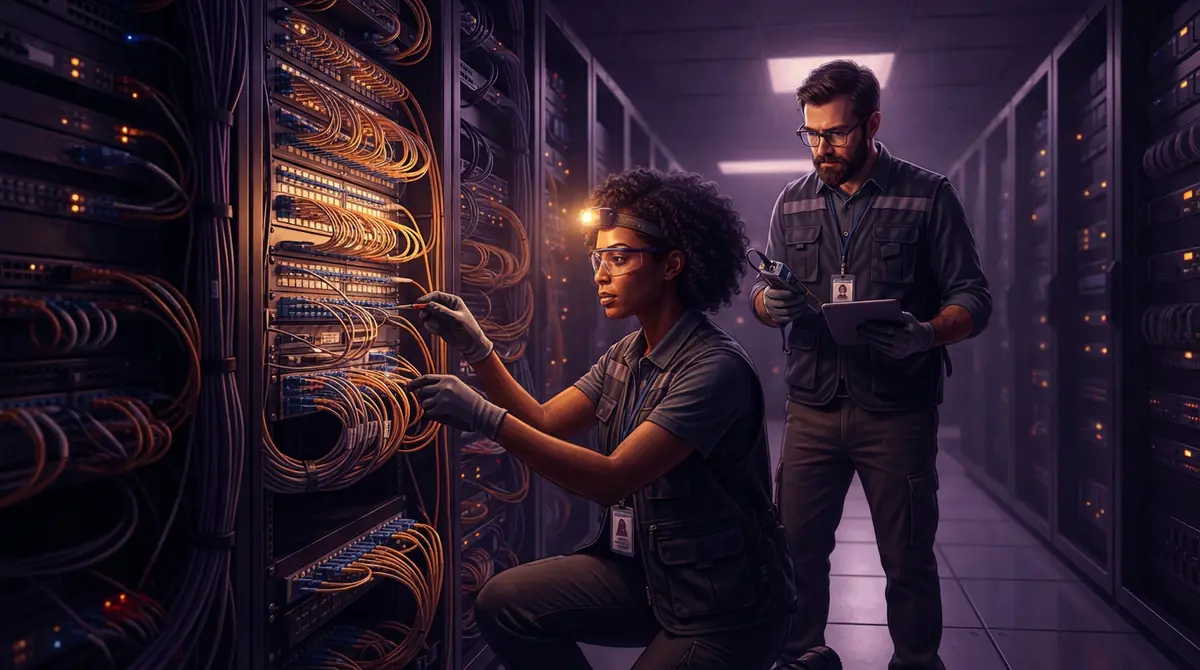 Network engineers examining fiber optic patch panels inside a facility
