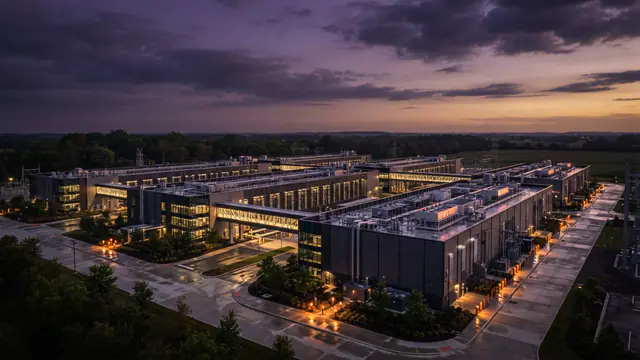 Exterior view of a large modern data center facility in Ohio at dusk