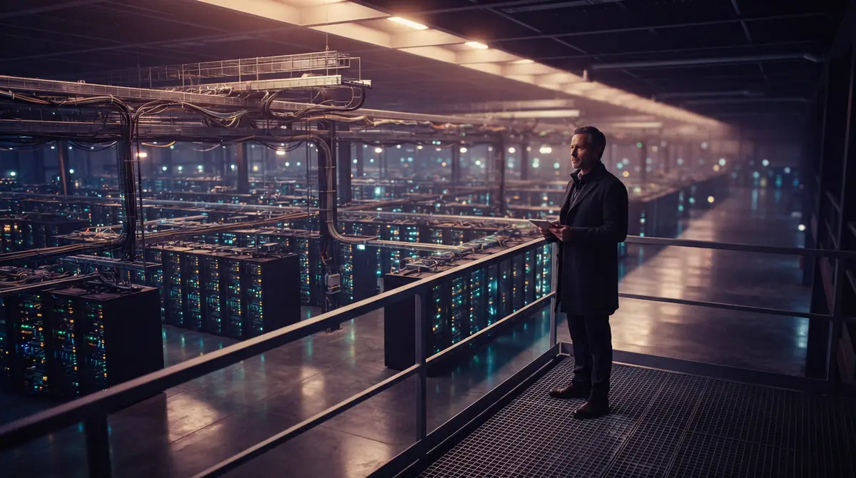 Illustration of high-density server racks inside an advanced artificial intelligence data center