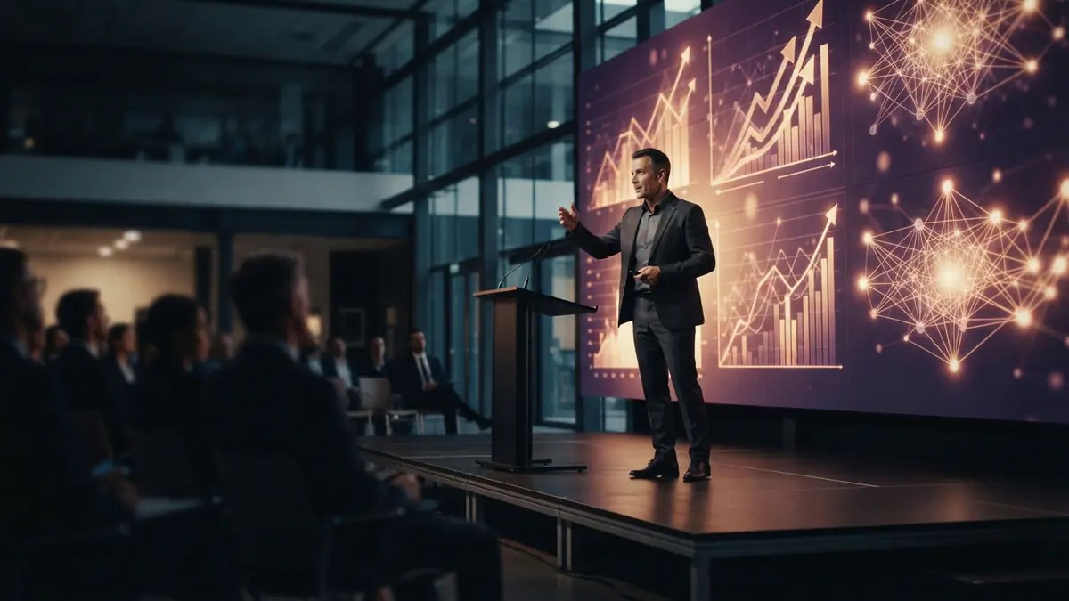 Illustration of a tech corporate executive presenting quarterly financial results and AI strategy on a stage