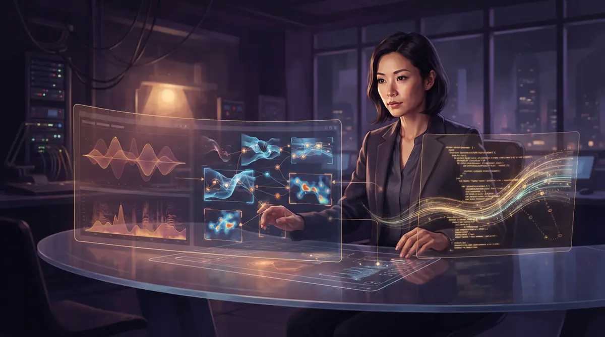 Digital illustration of an AI agent analyzing video, audio, and code simultaneously in a unified software workspace.
