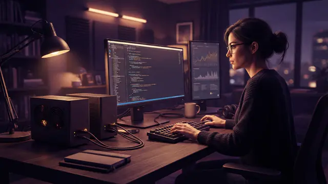 Illustration of two compact high-performance desktop computers connected together on a software developer's workstation.