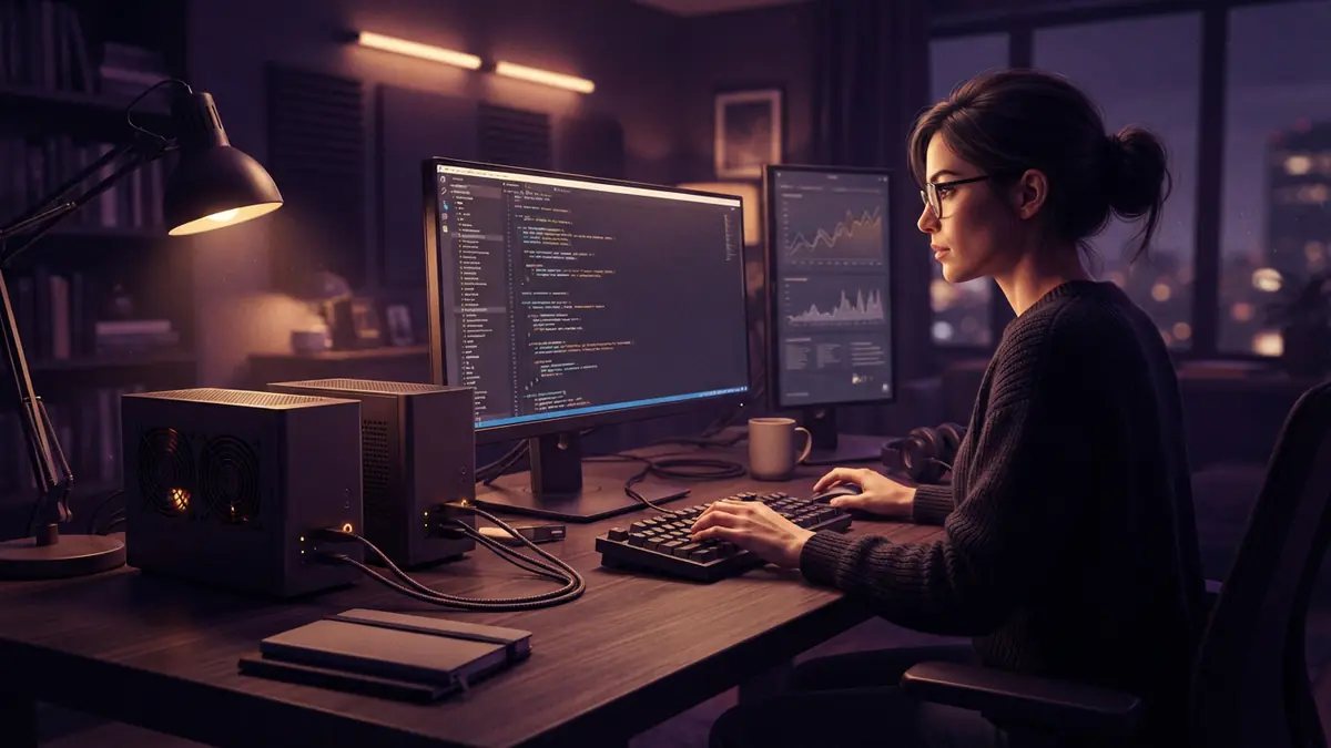 Illustration of two compact high-performance desktop computers connected together on a software developer's workstation.