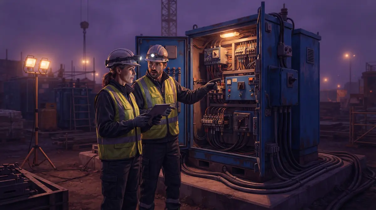 Illustration of utility engineers inspecting electrical infrastructure on an empty development site.