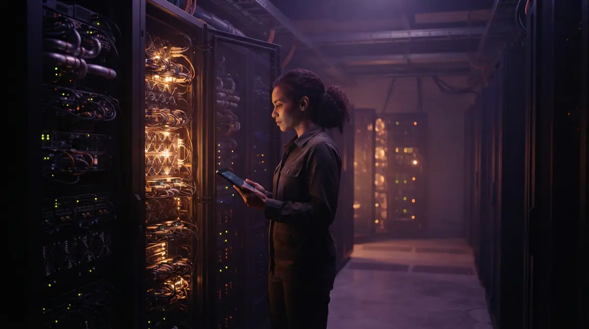 Illustration of dense racks of server chips inside a commercial data hall.