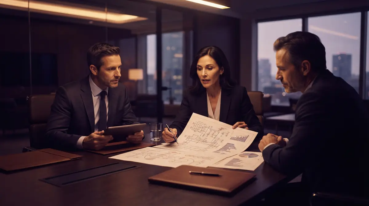 Illustration of tech executives reviewing infrastructure contracts in an office boardroom.