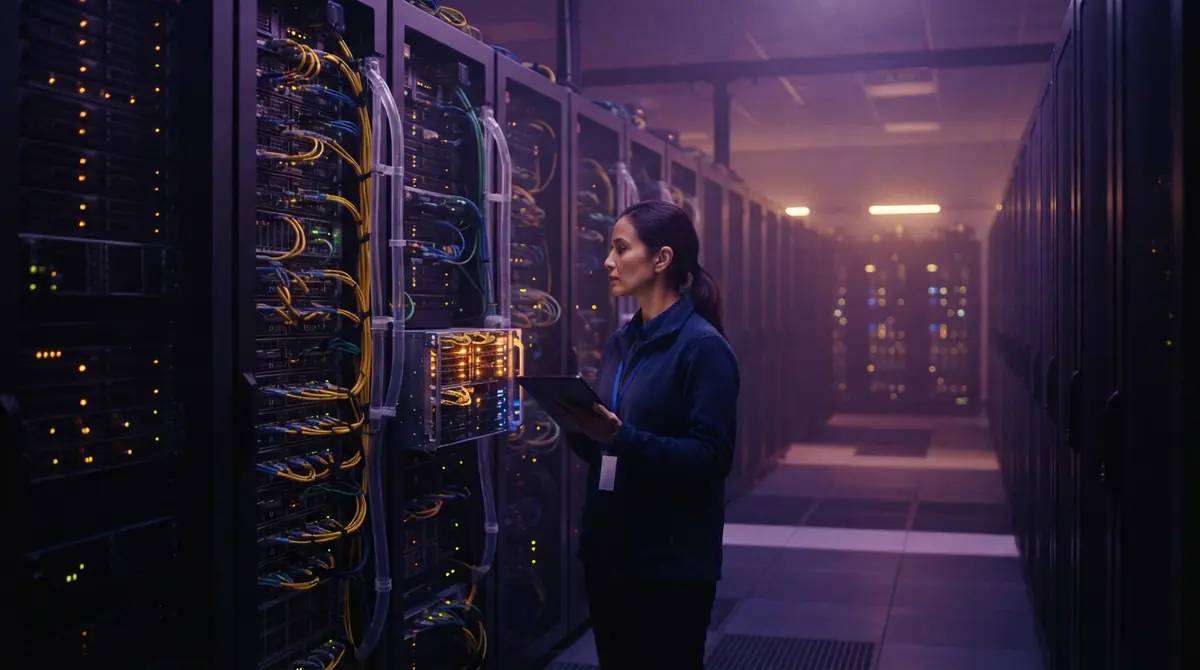 Illustration of dense server racks in a modern data center