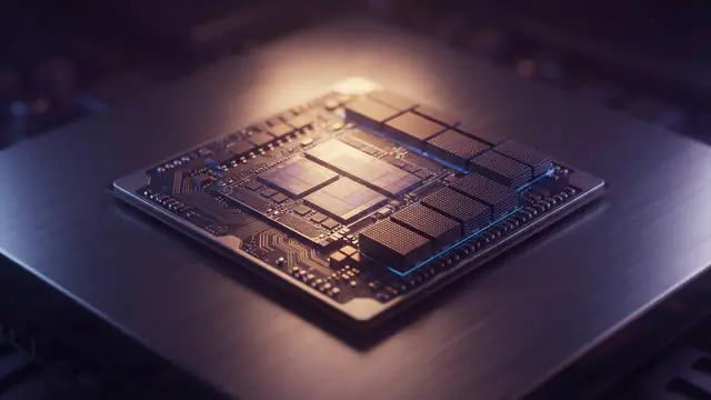 Illustration of a multi-chiplet semiconductor package with high-bandwidth memory