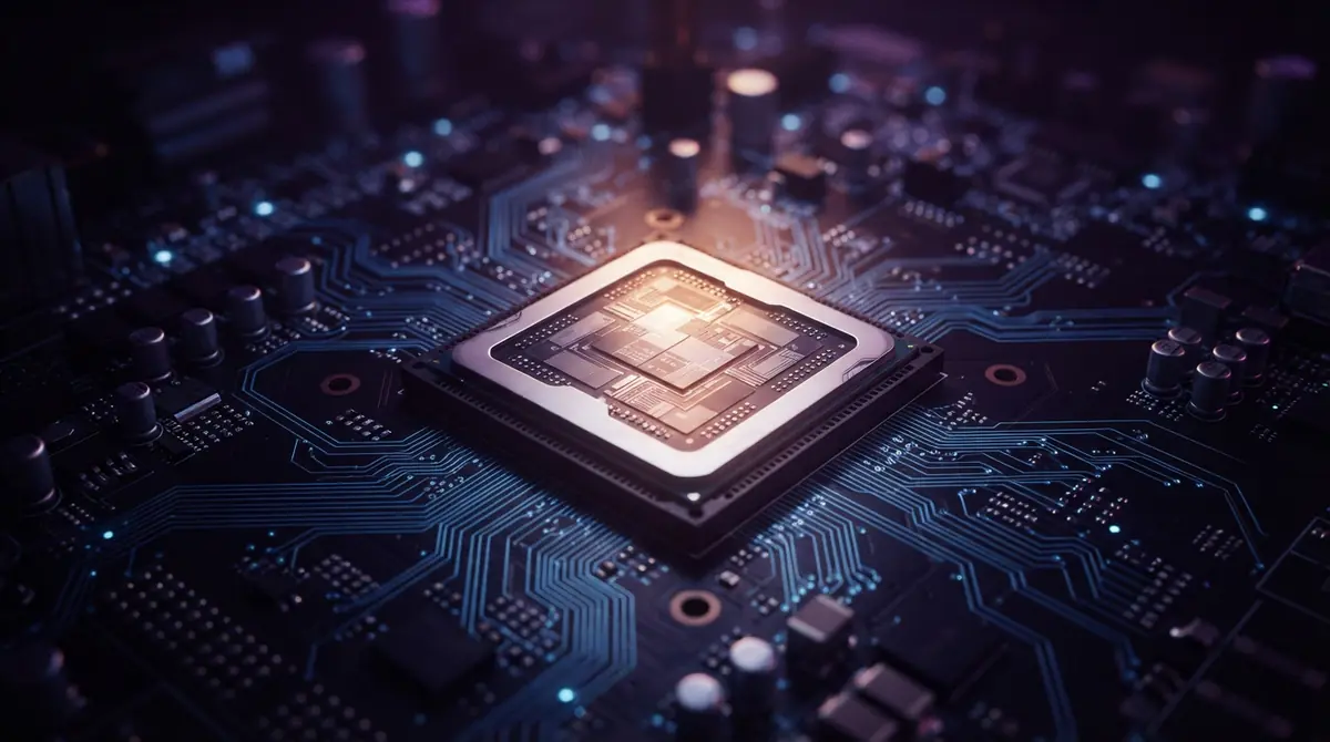 A close-up view of a modern computer processor chip on a motherboard