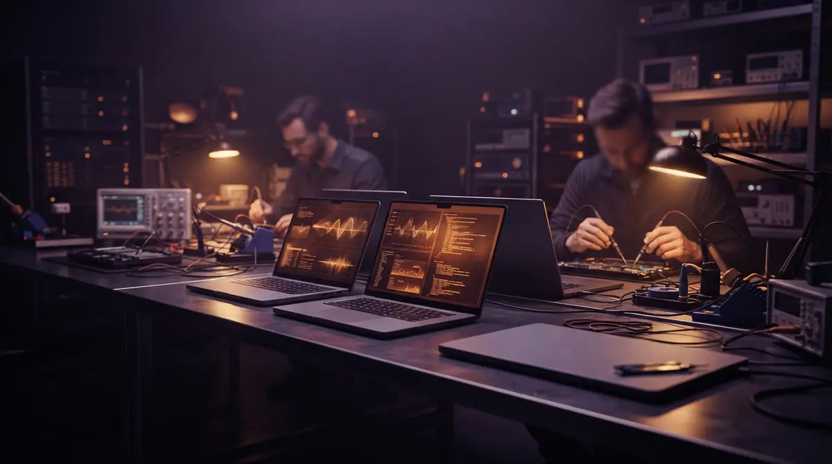 Multiple laptops aligned on a tech evaluation workbench under ambient lighting
