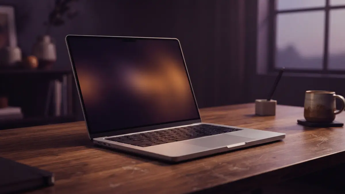 A slim modern laptop resting open on a wooden desk without manufacturer or branding badges