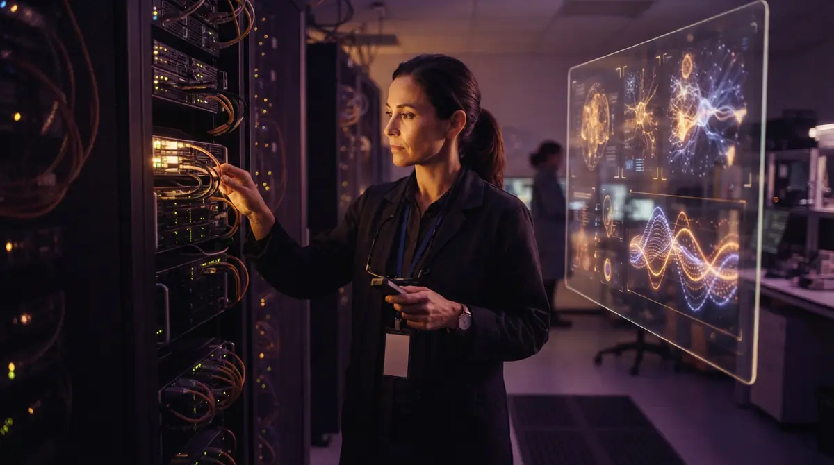 A medical AI researcher analyzing performance data in a clinical computation facility.