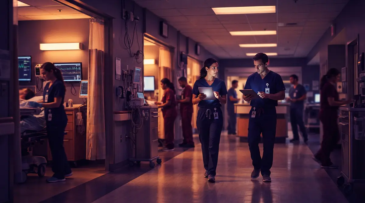 Emergency department clinicians reviewing patient records on tablets in an active hospital corridor.