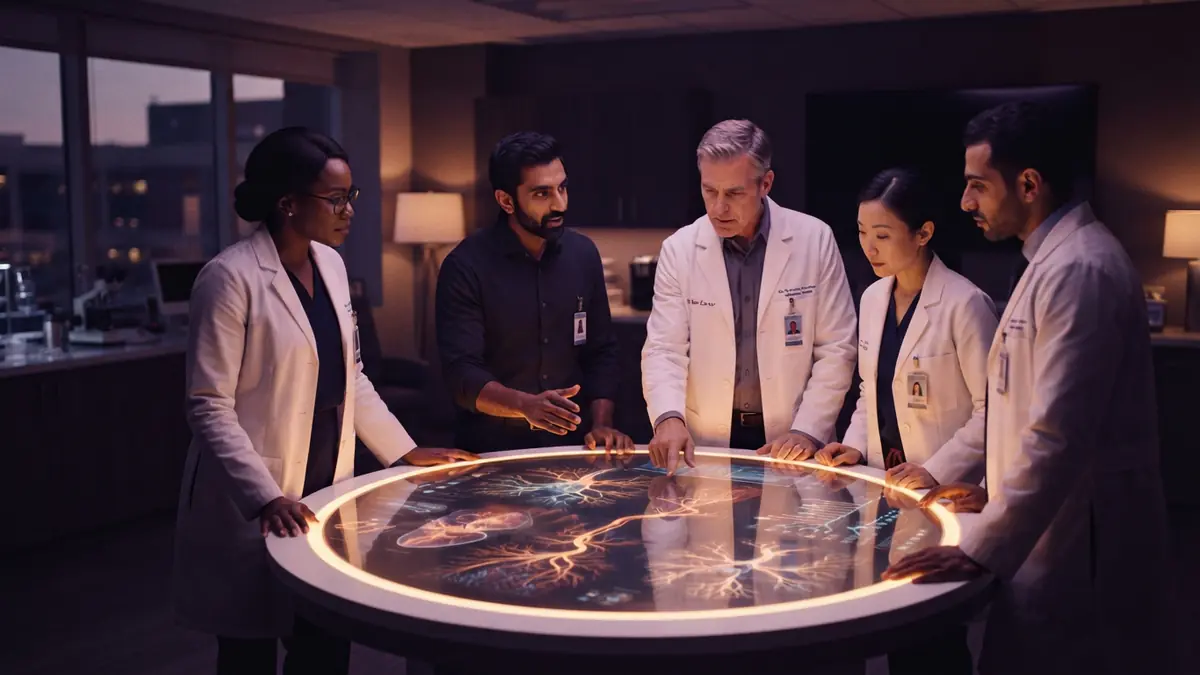 Physicians conferring around an illuminated clinical consultation table displaying diagnostic data.