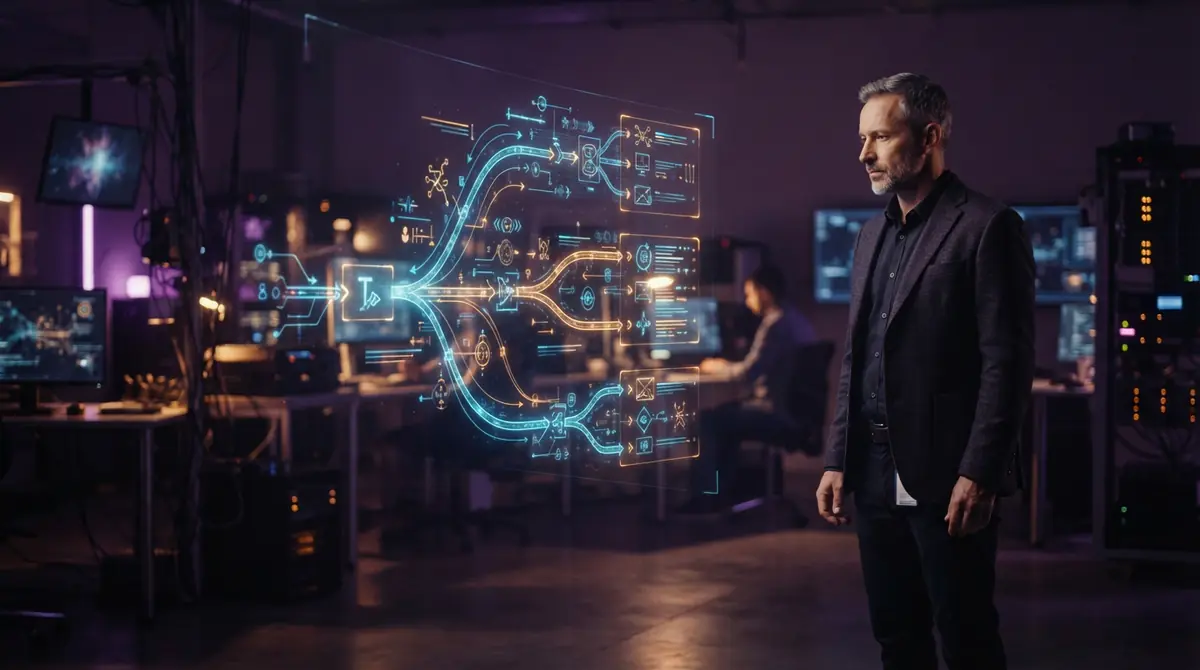 Illustration of an engineer reviewing branching workflow decisions on a glowing technical diagram