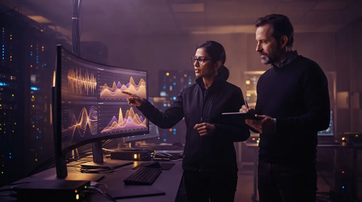 Illustration of technical researchers analyzing system latency and accuracy metrics