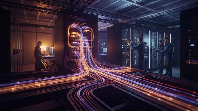 Illustration of illuminated data pathways splitting into structured routing lines inside a server facility