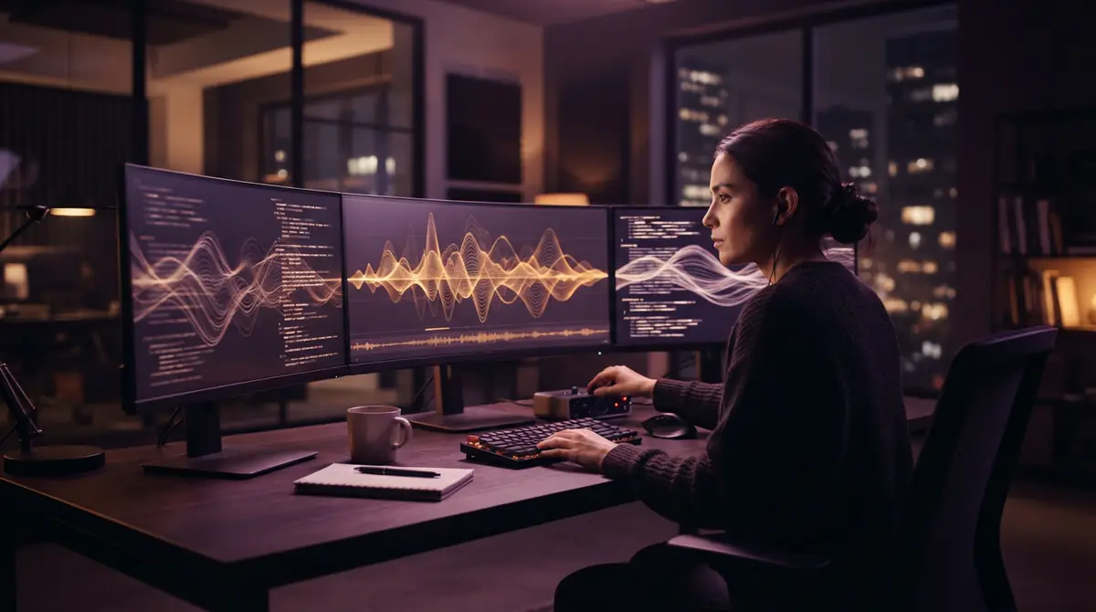 A software engineer monitoring live speech transcription on monitors.