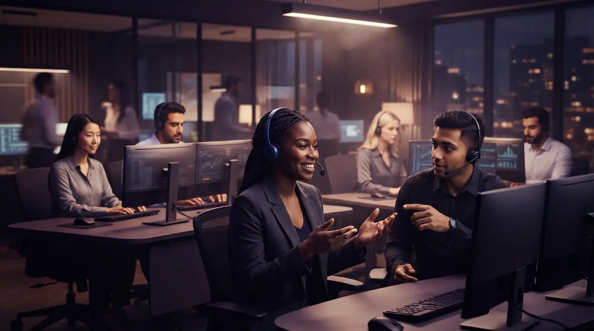 Customer support agents using voice headsets in a modern multilingual office.