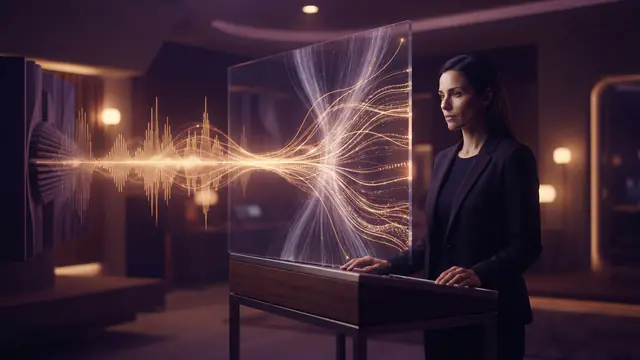 Abstract visualization of audio waves transitioning into streaming digital data streams.