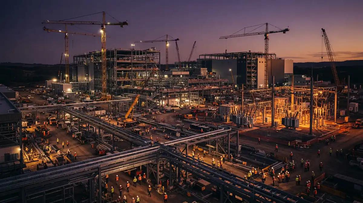 Illustration of large-scale infrastructure construction featuring power infrastructure and industrial framing