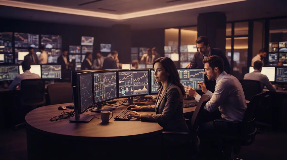 Illustration of institutional debt traders examining fixed-income maturities across several screens