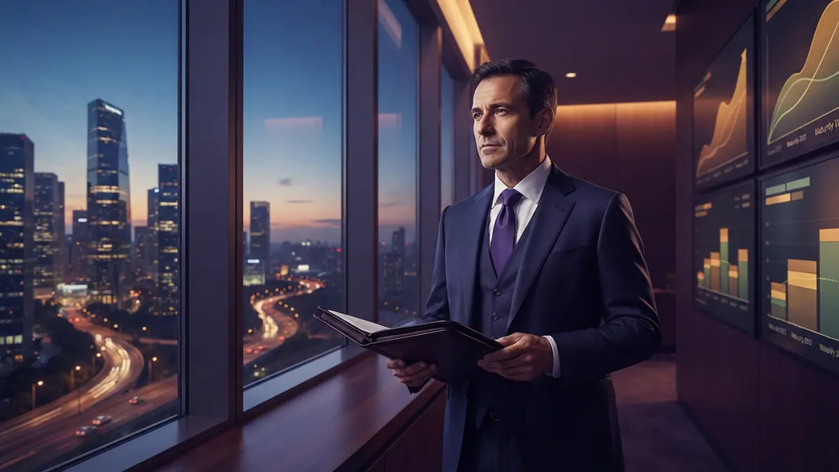 Illustration of a financial executive analyzing long-term bond structures against a twilight skyline