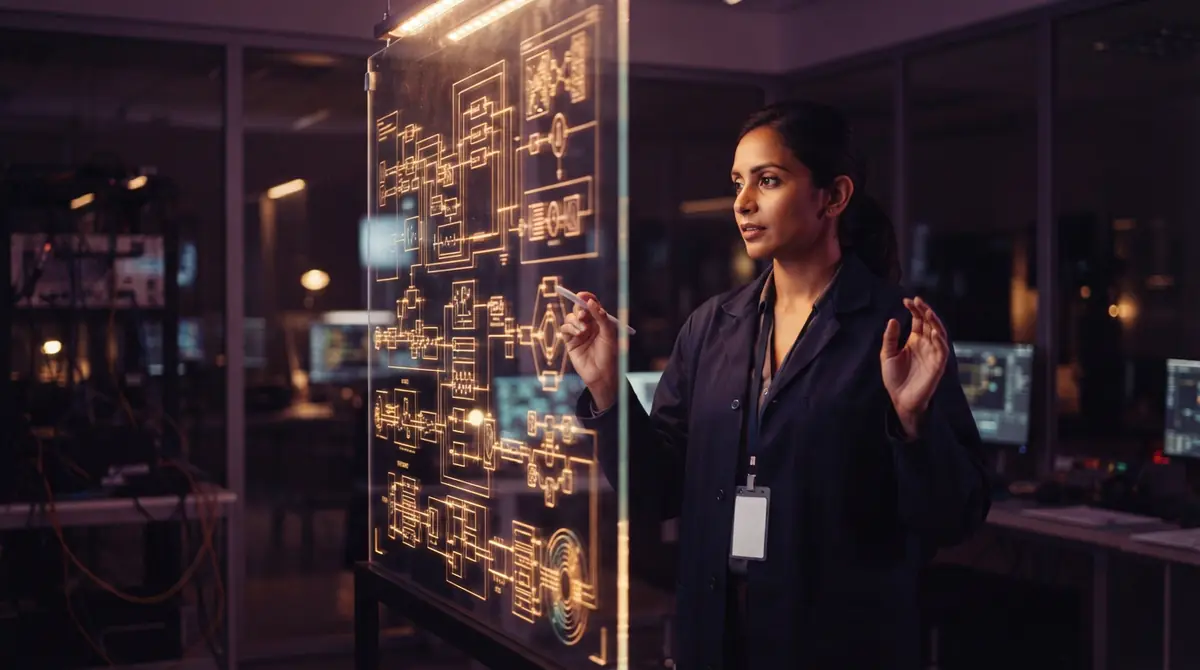 An illustration of an AI researcher reviewing system architectures