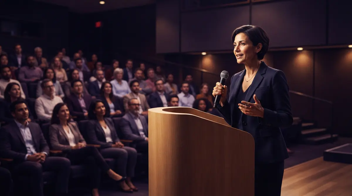 An illustration of a company town hall meeting