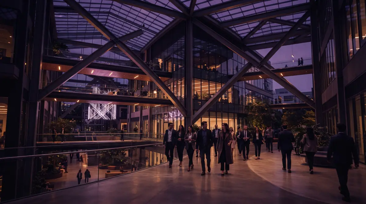 Illustration of technology workers moving through a minimalist office atrium