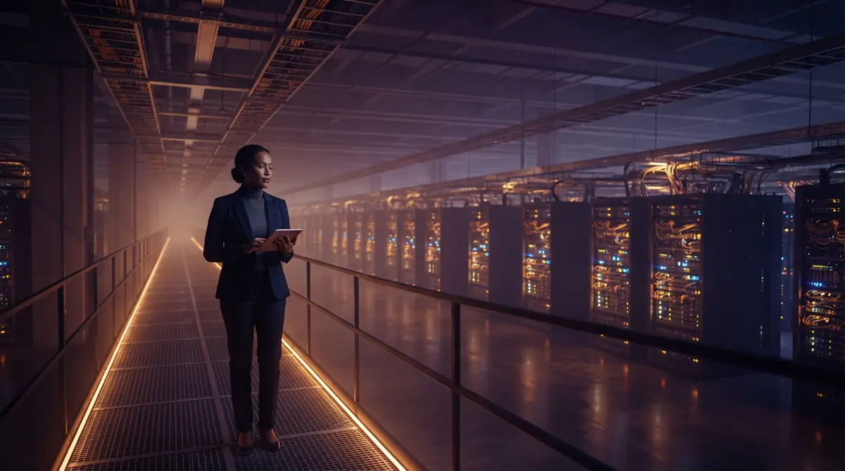Illustration of a massive modern data center with glowing server cabinets