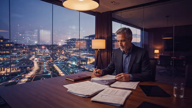 Illustration of a tech corporate office at twilight representing enterprise restructuring and budget decisions