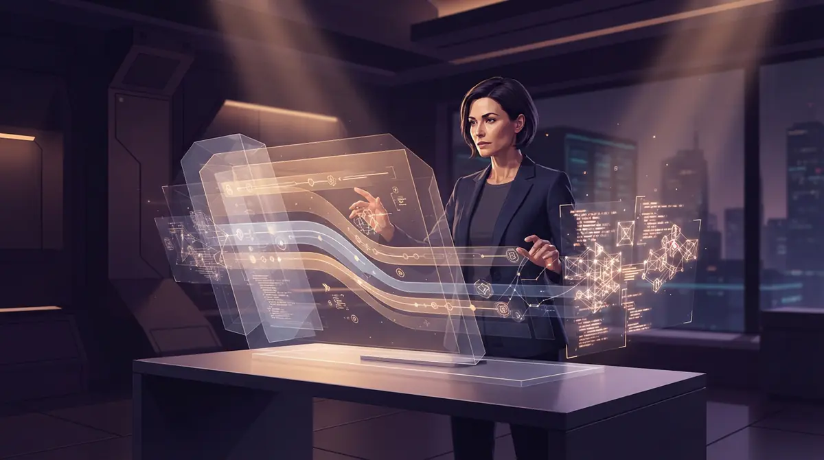 A 3D visualization of interconnected digital workflows and multi-step computational pipelines.