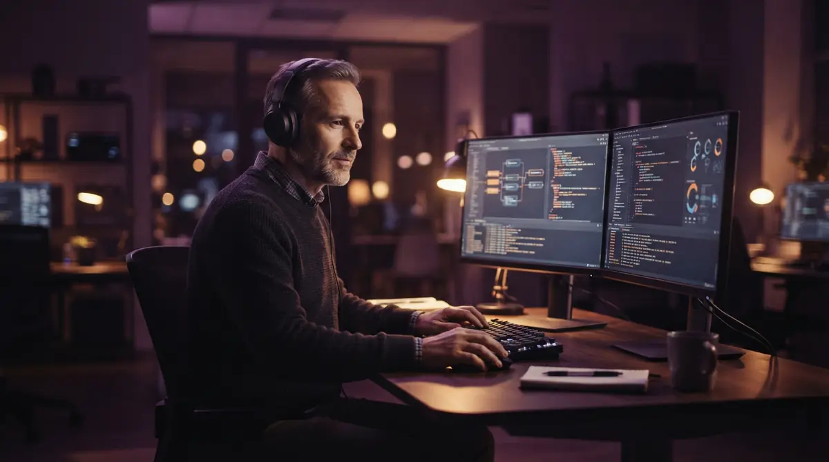 A software engineer working at a desk reviewing automated development workflows.