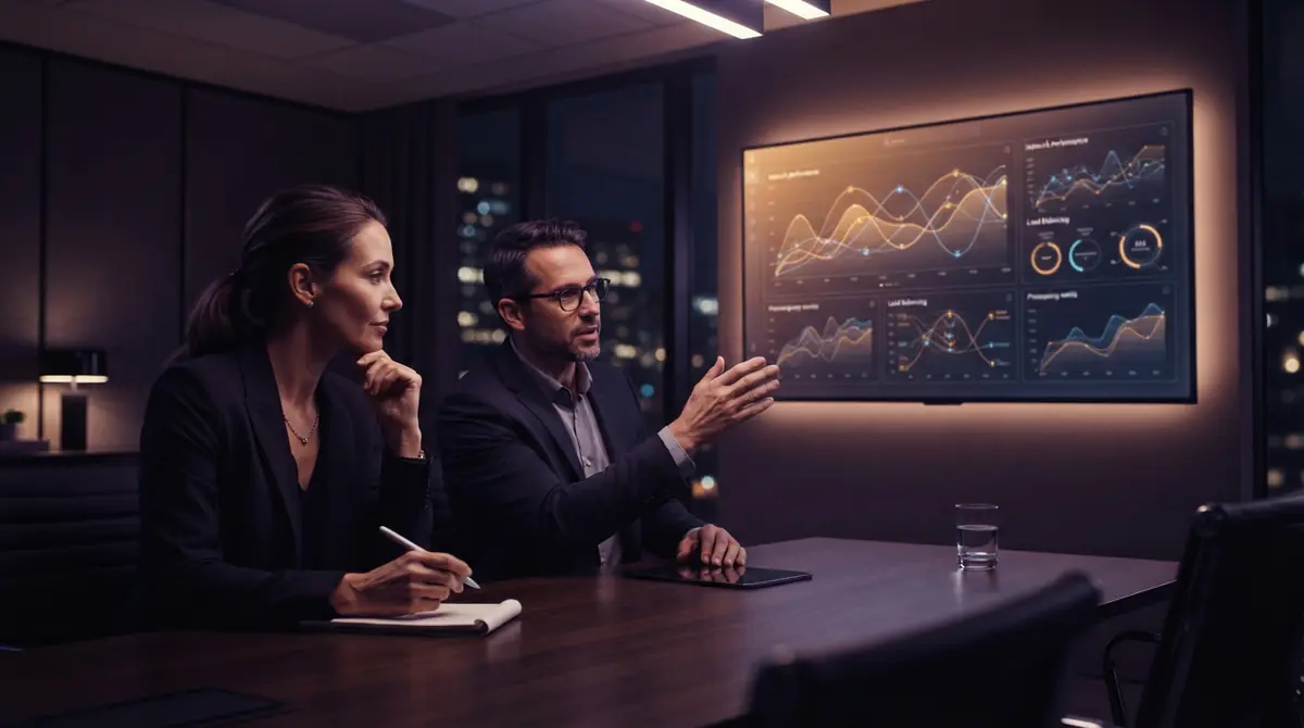 Enterprise managers reviewing benchmark data and computing economics on a digital board.