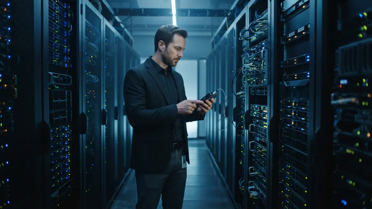 An engineer inspecting server racks in a modern cloud computing data center.