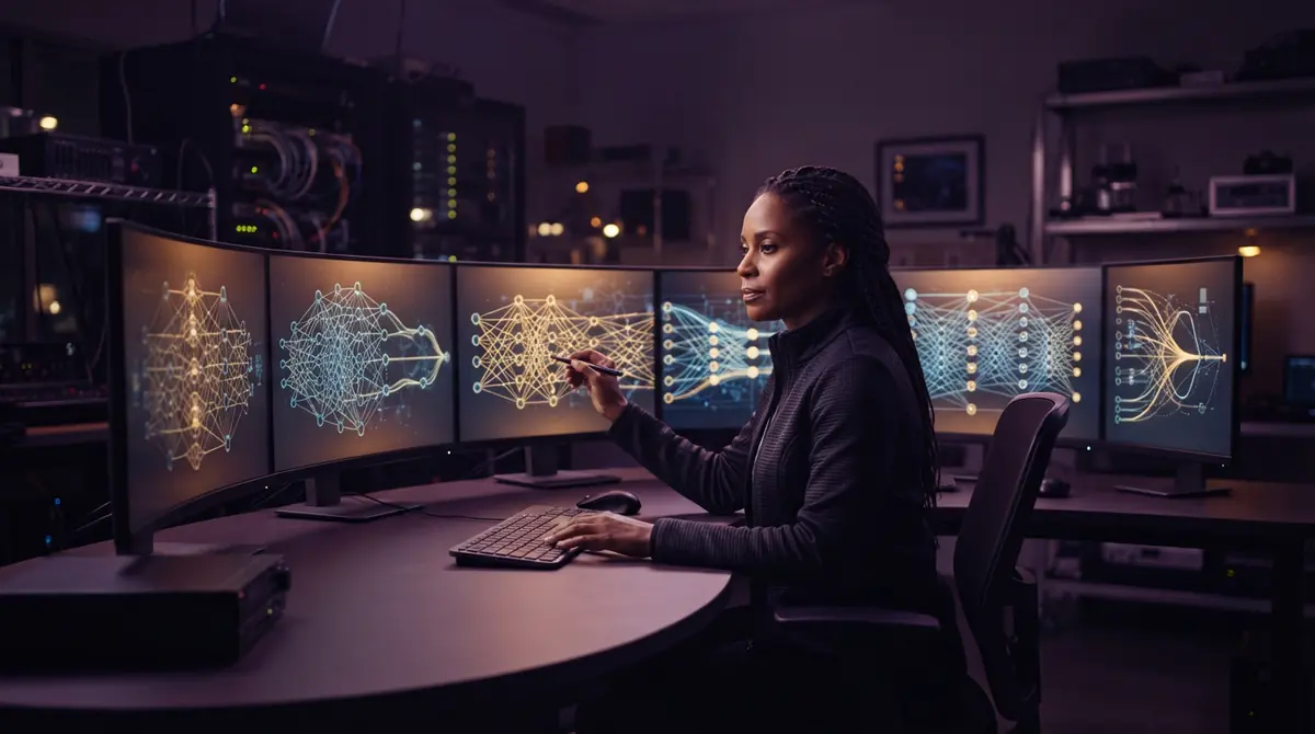 An AI researcher reviewing sparse neural network model designs on workstation screens.
