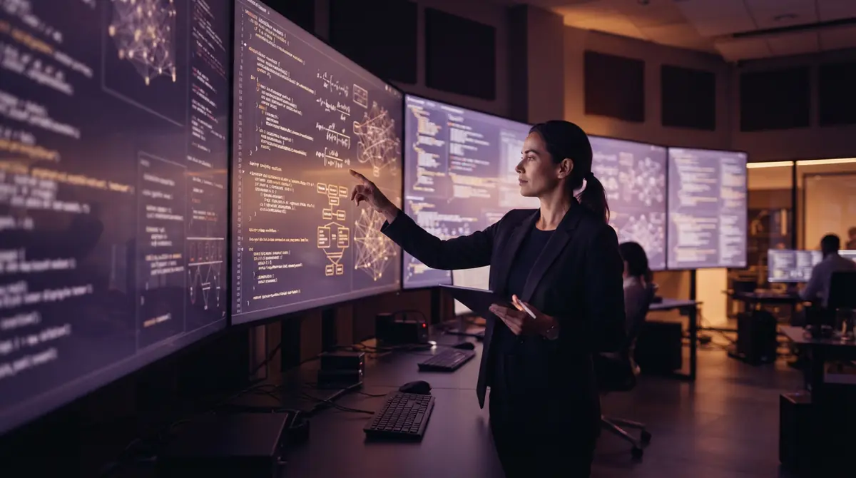 Digital screens displaying software engineering benchmarks and automated reasoning workflows.