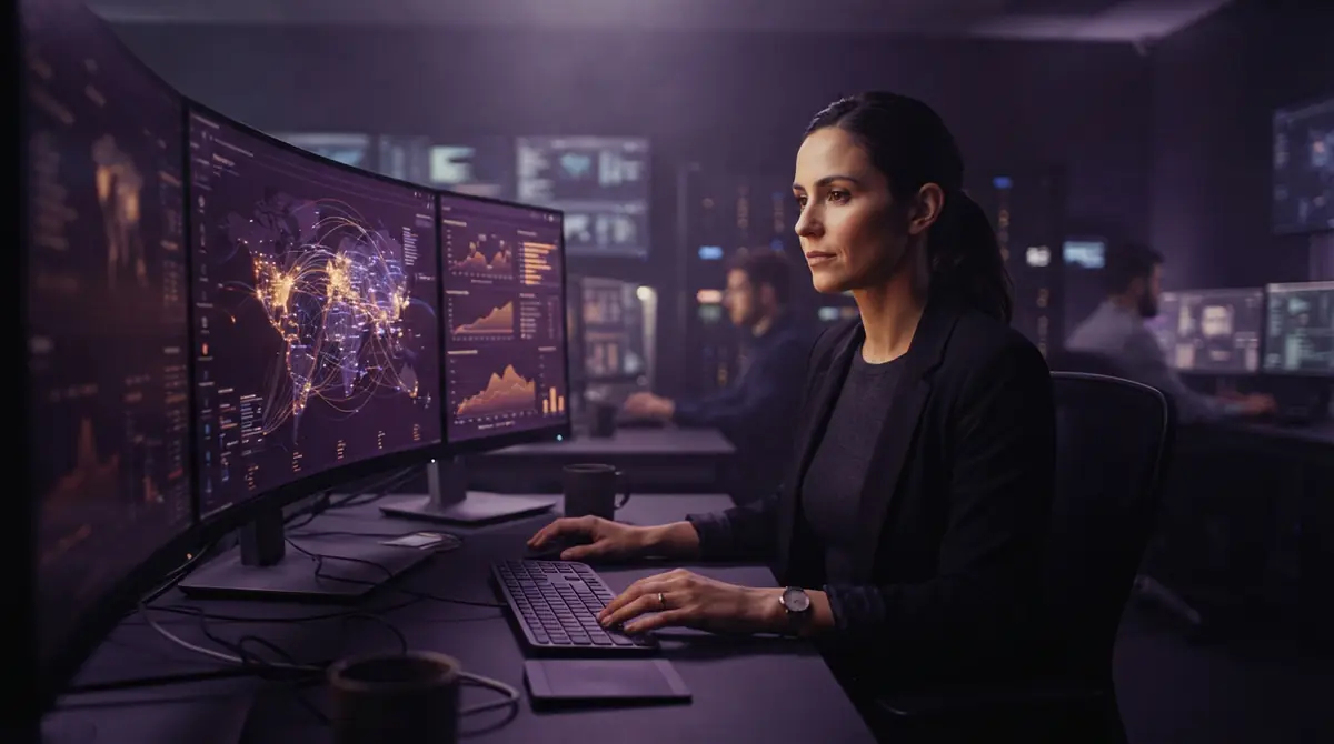 A cybersecurity operations analyst monitoring digital vulnerability response streams.